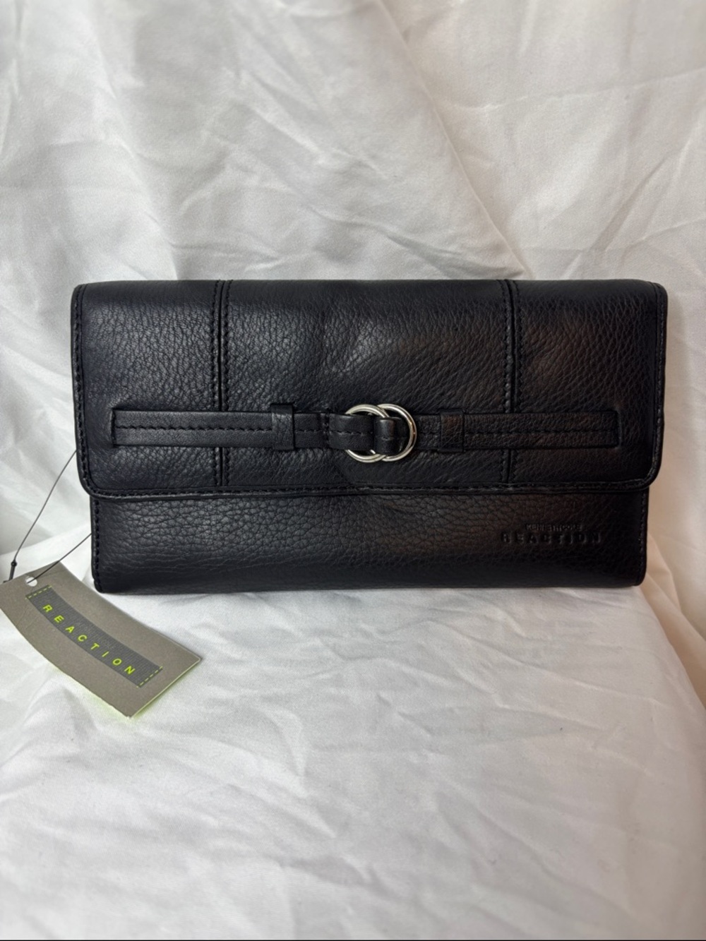 Kenneth Cole Reaction Black Pebbled Leather Wallet Clutch with Silver Buckle